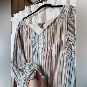 Pastel Multi-Stripe V-Neck Blouse in Soft Blue and Pink